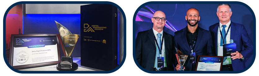 Saif Khan receiving Delta Flight Products award at the DEA Awards 2026 for Aircraft Water Volume Monitoring